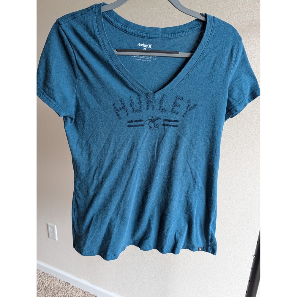 Hurley Womens Teal Blue V-Neck Graphic Logo T-Shirt XL 100% Cotton Short Sleeve